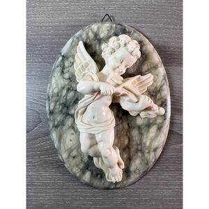 Italian Alabaster Cherub Wall Plaque Violin Angel‎ Marble Back JIM Italy